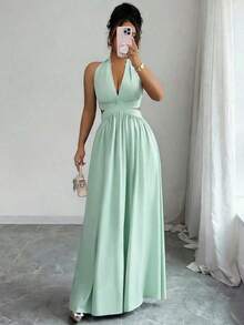 Elegante vestido sin mangas con cuello en V, diseño hueco en la cintura y pliegues, color morado, nueva llegada de primavera/verano - verde menta - Ver 3