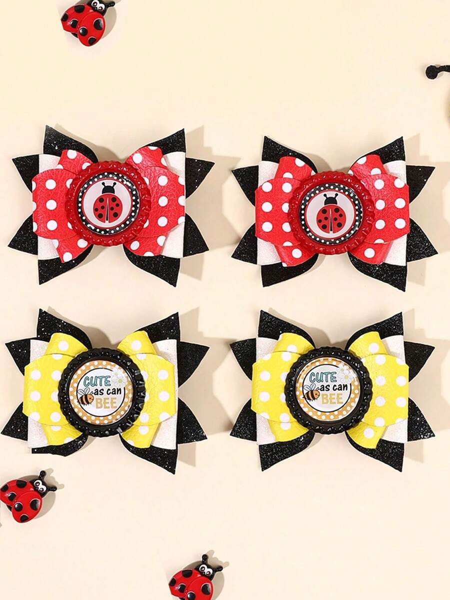 2pcs Yellow Red Hair Bow Clips,Glitter Bee Ladybird Decor Bow Hair Clips For Girl,Fashion Alligator Clips Hair Accessories For Girl Party Gifts - Multicolor - View 1
