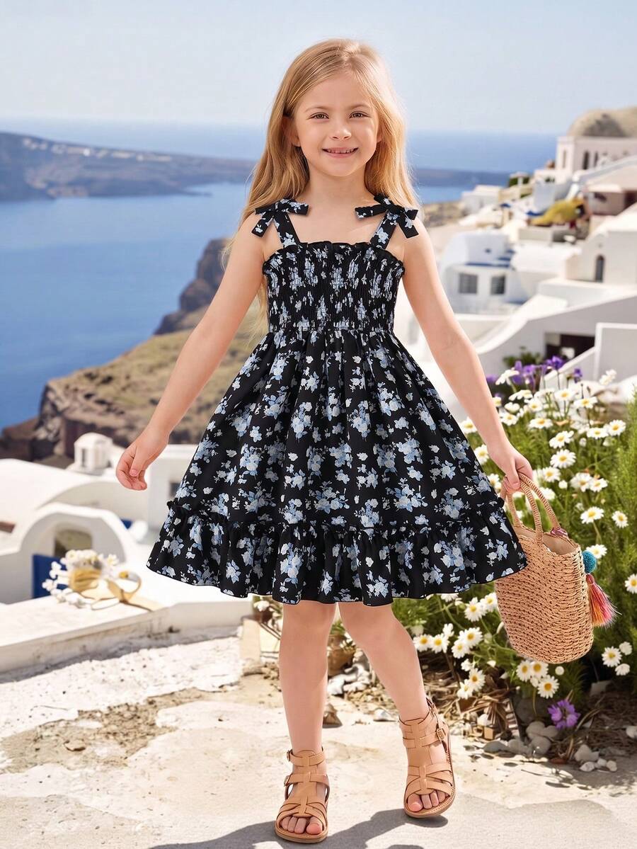 Young Girl Floral Print Spaghetti Strap Bow Ruffle Hem Dress - Multicolor - View 1