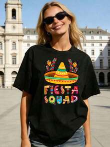 Camiseta Gráfica de Mujer con Estampado Floral de Sombrero Colorido para Fiesta, Estilo Casual, Cuello Redondo, Manga Corta, Corte Holgado, Ropa Urbana Mexicana para Fiesta de Verano, Celebración del Cinco de Mayo, Uso Diario, Regalo para EllaAdecuado como regalo. playera de mujer. blusas>elegantes. boho chic,Exquisita camiseta estampada de cuello redondo para mujer, ideal para varias estaciones, perfecta para vacaciones, viajes y días festivos. - Negro - Ver 6