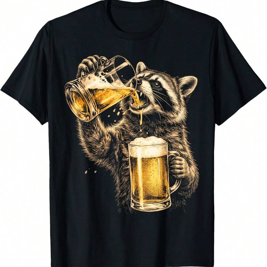 Funny Beer Raccoon Drinking Vintage Meme Animal Lover T-Shirt - Black - View 1