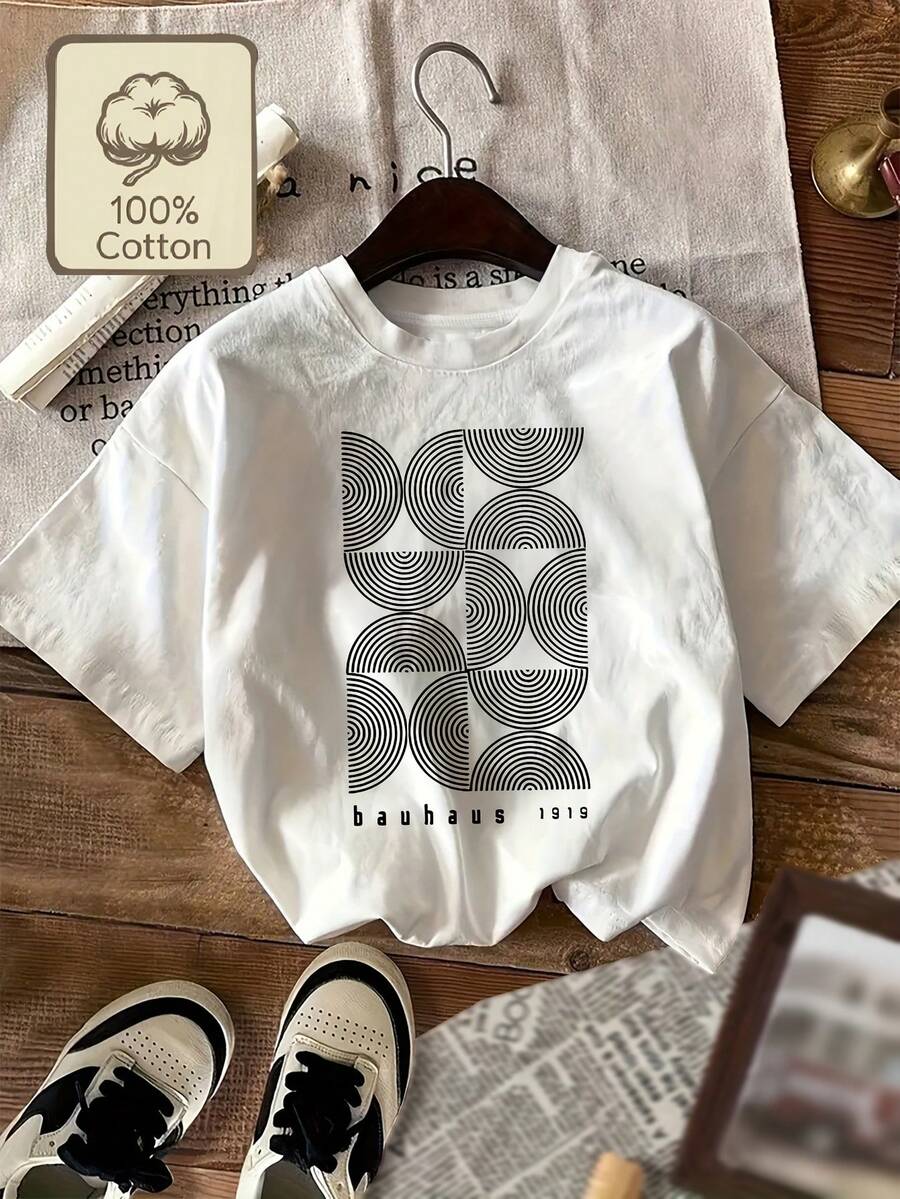 Camiseta de manga corta para mujer con diseño geométrico Bauhaus, estilo retro juvenil de celebridades de internet, 100% algodón puro, cuello redondo, diseño estampado, estilo casual suave y cómodo, disponible en múltiples colores para primavera, verano y otoño, una excelente opción de regalo. - Blanco - Ver 1