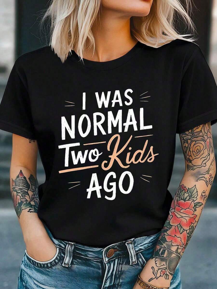 Ropa para Adolescentes, Camiseta con Estampado de Letras "I WAS NORMAL Two AGO", Top Casual de Manga Corta y Cuello Redondo para Verano y Primavera, Ropa para Mujer, Camisetas Holgadas y Cómodas para Mujer - Negro - Ver 1