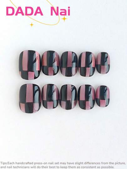 10pcs Short Square Handmade Press On Nails, Edgy Black & Pink Checkerboard Fake Nails, Shimmer Cat Eye Nail Art, Glossy Finish, Reusable Acrylic Nails For Daily Wear