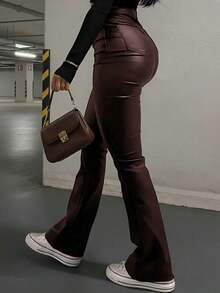 Pantalones acampanados de estilo estadounidense de primavera con efecto de piel sintética negra, estilizadores y alargadores de piernas, de moda para mujeres jóvenes de uso casual - Marrón Chocolate - Ver 2
