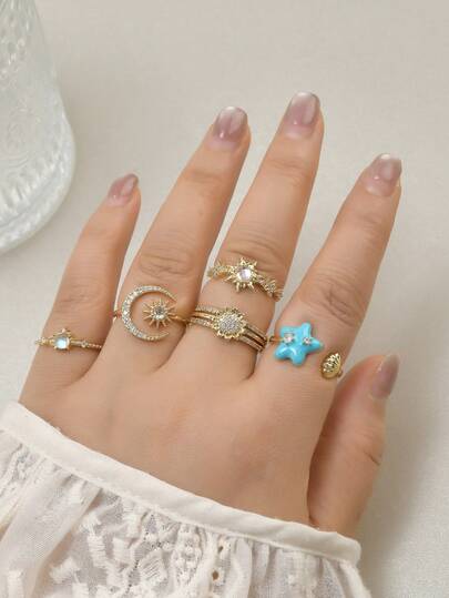1pc Fashion Cubic Zirconia Star, Sun, Moon, Flower, Seashell Celestial Open Ring Set, Minimalist Layered Sun, Moon, Star Rings, Boho Chic Stacking Rings For Women, Luxury Vacation Style Celestial Rings, Gift For Girlfriend