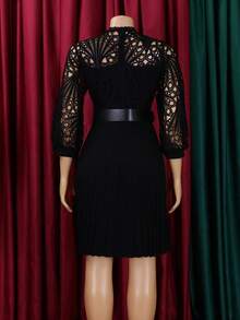 New 2026 Women's Solid Color Lace Crochet Hollow Out Ruched Dress - 黑色 - 查看 2