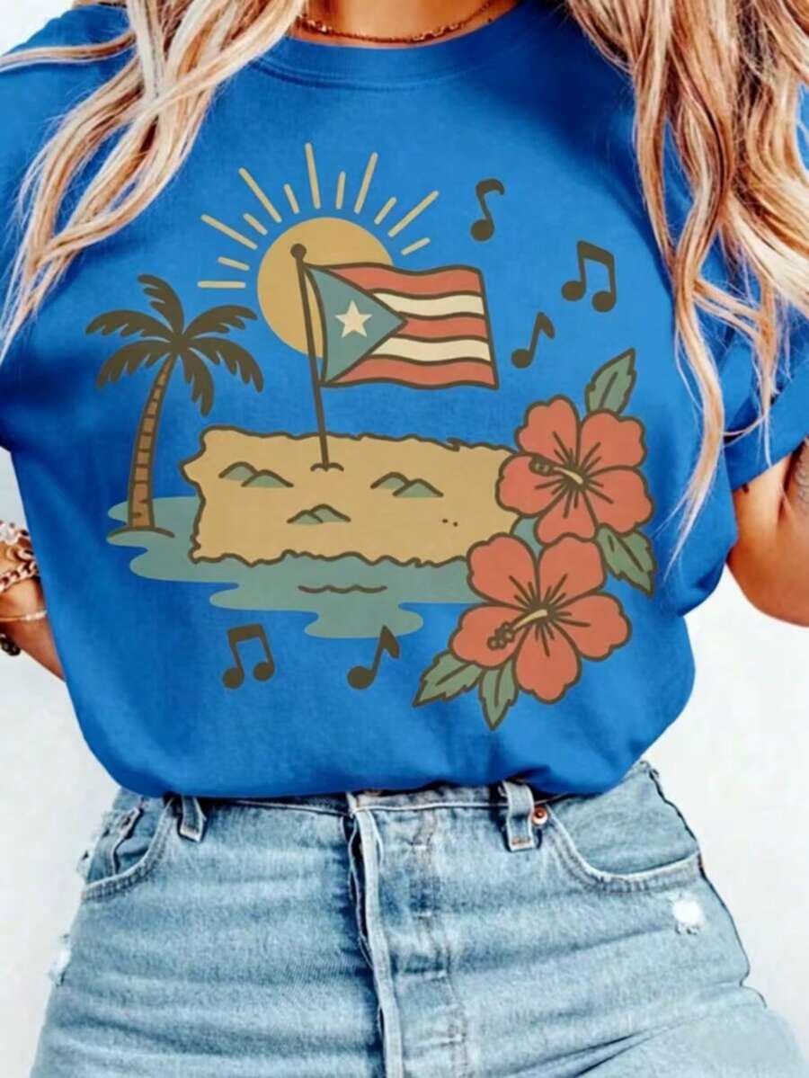 Women's Cute Casual Cotton T-Shirt, Short Sleeve Round Neck, Summer Vacation Graphic Print Top For Everyday Style - 藍色 - 查看 1