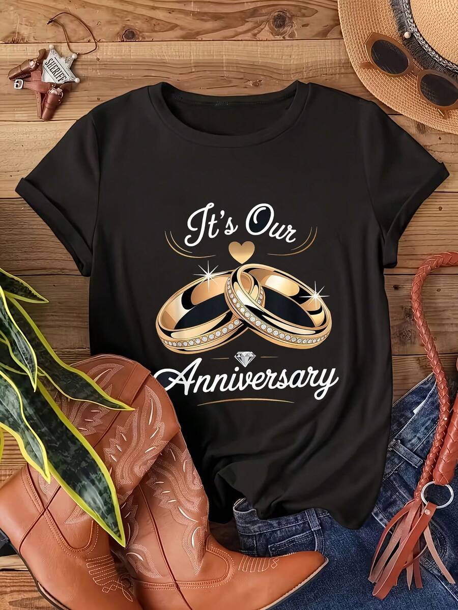 Women's Casual Knitted Anniversary Ring Print T-Shirt, Short Sleeve Round Neck Drop Shoulder Tee, Regular Length Medium Stretch Top