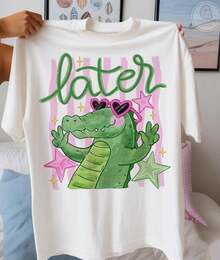 Camiseta estampada mujerCrocodile-Themed Printed Short-Sleeved Crew Neck  Graphic White , Streetwear Summer Top Camiseta Para Mujer Free ShippingPlayera para verano - Blanco - Ver 2