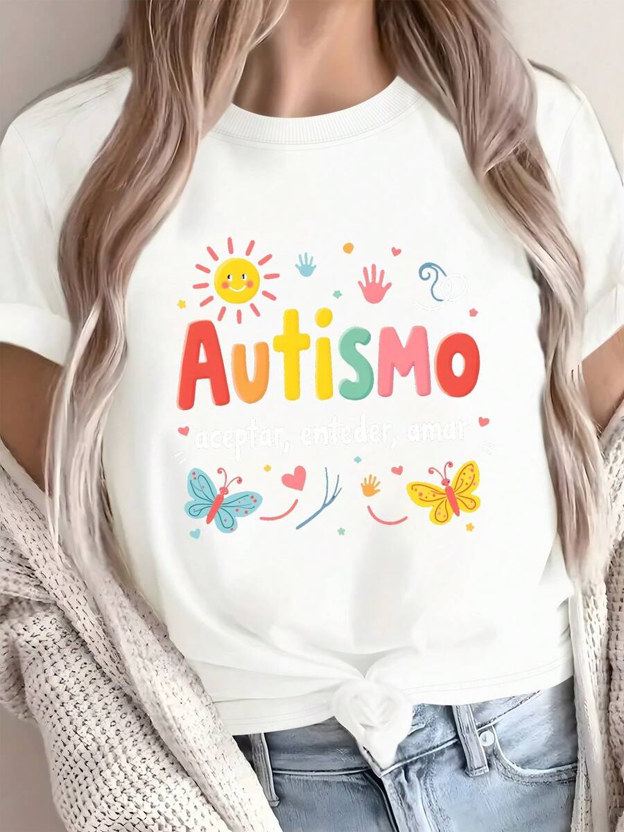 Camiseta Pura para Mujer con Mariposas de Sol Autismo - Ropa Colorida para el Trastorno de Procesamiento Sensorial (SPD), Ajuste Casual, Lavable a Máquina para Uso Comunitario y Diario - Blanco - Ver 1