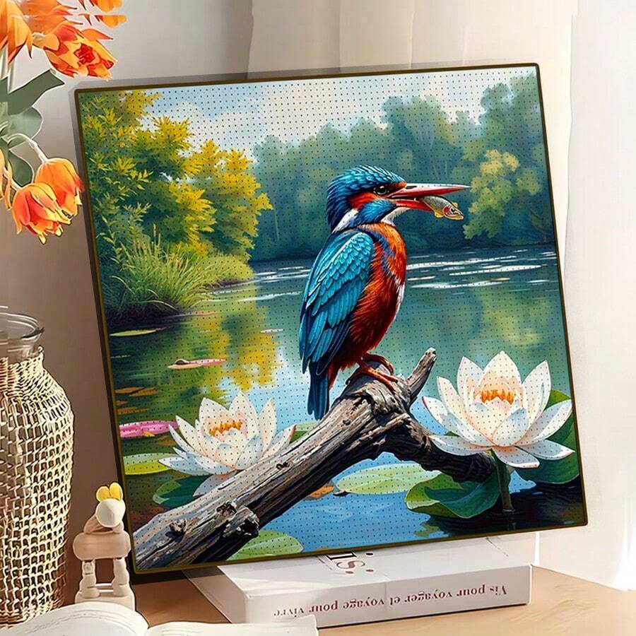 1幅全新5D圆形亚克力钻石画马赛克工艺品,描绘翠鸟捕鱼和荷塘景色,手工镶嵌钻石,适合家居墙面装饰。一份贴心的节日礼物,送给女友、父母、朋友,表达心意,增添艺术氛围,不含画框。 - 圓鑽 - 查看 1