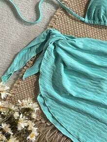 Conjunto de 3 piezas de traje de baño de bikini de unicolor y estilo sexy de halter para mujeres, conjunto de traje de baño, para vacaciones de verano en la playa - Verde 3 - Ver 6