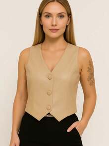 Short Social Leather Vest With Buttons, V-Neck, Sleeveless - 米色 - 查看 3