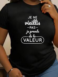 Camiseta de verano casual para mujer con estampado francés Je Ne Vais Pas Je Pends de la Valeur - Rosa claro, manga corta, cuello redondo, atuendo casual| Camiseta con estampado francés| Estilo casual - Negro - Ver 2