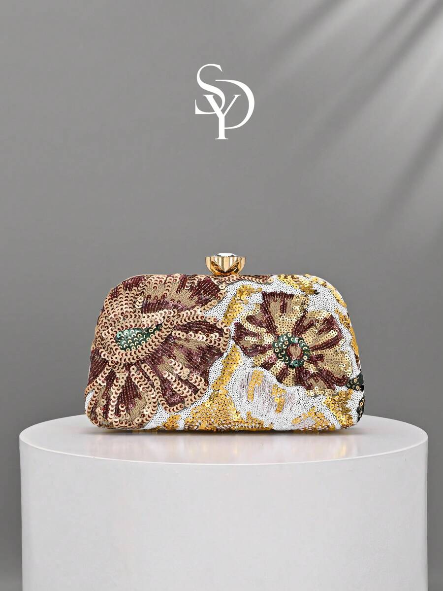 Floral Sequin Evening Clutch, Gold Frame Hard Shell Wallet, Suitable For Weddings And Parties (Random Cutting) - Gold - View 1