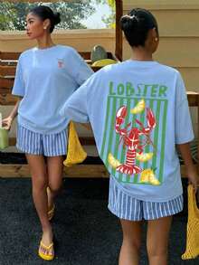 Women's Casual Loose Fit Beach T-Shirt With Lobster Stripe And Letter Print, Summer Beach Shirt, Pastel Colors, Suitable For Vacations, Graduation Trips, Beach Parties, Music Festivals - 天藍色 - 查看 3