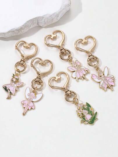 1 pieza Lindo colgante de aleación con diseño floral de hada, llavero con forma de corazón, dije de bolso de hada pixie, accesorio de joyería femenina