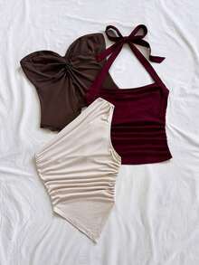 Atuendo casual de primavera/verano para vacaciones, boda en la playa, fiesta de graduación, elegante estilo boho tropical para el Día de San Patricio, Spring Break, Pascua, festivales de música.Top con lazo delantero, cuello halter, espalda descub - Multicolor - Ver 3