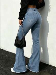 Quần jeans nữ ống loe cạp trung cài nút - Phong cách thường ngày thanh lịch, dáng ôm tôn dáng - Trang phục mùa thu - Rửa nhẹ - Xem 3
