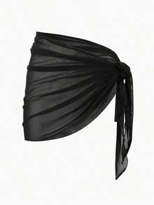 Falda pareo de malla de color sólido, perfecta para vacaciones en la playa. - Negro - Ver 1