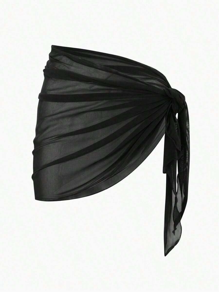 Falda pareo de malla de color sólido, perfecta para vacaciones en la playa. - Negro - Ver 1