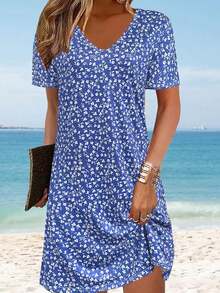 Vestido ligero y elegante de manga corta con estampado floral diminuto, de estilo casual y vacacional, versátil para el Día de la Madre, actividades al aire libre, hogar, viajes y trabajo - Azul - Ver 2