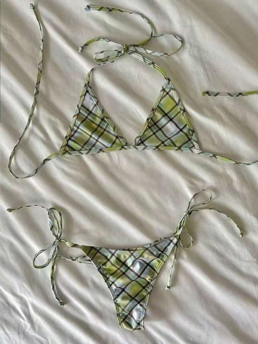 2pcs Women's Fresh Green Plaid Bikini Set With Neck Strap, Minimalist Style Vacation Swimwear, 2026 Summer Beach Holiday Outfit, Women's Birthday Dress, Women's Fitness Wear, Women's Elegant Dress, Women's Vacation Clothing, Women's Casual Top - Multicolor - View 1