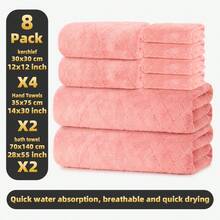 This 8-Piece Towel And Bath Towel Set Includes 2 Bath Towels, 2 Hand Towels, And 4 Face Towels. Made Of Coral Fleece, These Towels Are Super Soft, Comfortable, And Highly Absorbent – Essential For Home And Travel. - Hot Pink - View 1