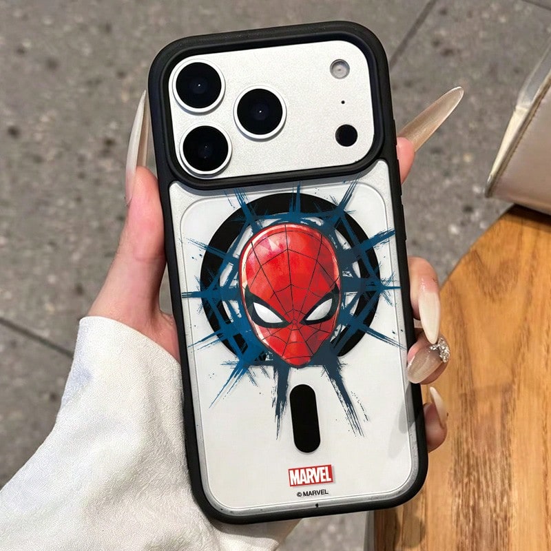 Miniso Marvel Spider-Man Plaid Couple's Unique MagSafe Magnetic Charging Case Compatible With IPhone 17 Pro Max/16 Pro/15 Plus/17 Air/14/13/12/16 Pro Max/15 Pro Drop-Proof Case. - Black - View 1