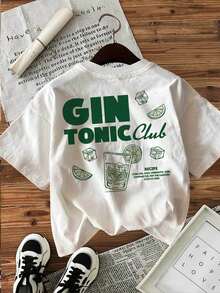 Ropa de mujer, camiseta casual de primavera/verano con estampado de doble cara, estilo pintado a mano con diseño de cubos de hielo, rodaja de limón, GIN TONIC Club RECIPE, patrón de GIN de 0.85oz, cuello redondo, manga corta, color sólido, camiseta de moda para mujer, camisas de mujer. - Blanco - Ver 3