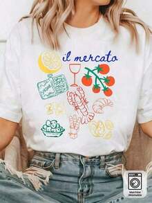 1 pieza de camiseta gráfica de mercado de agricultores italianos para mujer - Suave, transpirable, ligera, de cuello redondo y manga corta con estampado italiano vibrante (tomates, vino, queso, pizza) - Camiseta unisex casual de verano para atuendos informales y temáticos italianos - Lavable a máquina, camiseta de manga corta con estampado de la letra R, informal para uso diario al aire libre, 180g 100% algodón. - Blanco - Ver 7