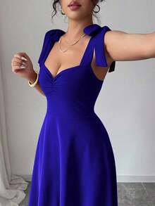 elegante y romántico para mujer con lazo decorativo en la cintura y corte evasé sin mangas - azul real - Ver 4