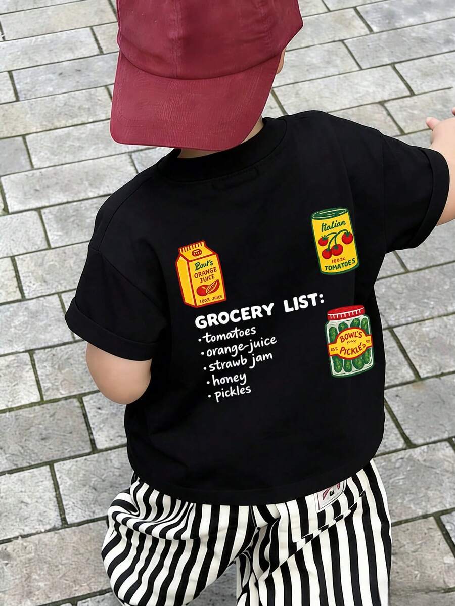 1件婴儿/幼儿男童创意卡通图案字母标语印花基本款圆领短袖T恤，休闲时尚 - 黑色 - 查看 1