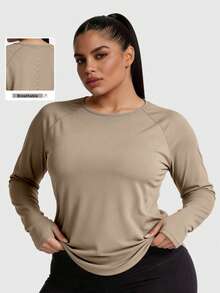 Plus Size Women Long Sleeve Sports Top With Thumb Hole, Loose Breathable Moisture-Wicking Athletic T-Shirt - Khaki - View 3