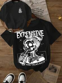 [Double-Sided Front And Back Images] Women's Fitted T-Shirt With Double-Sided Skull Print - Breathable Casual Top For Urban Wear, "Precious Words" Print For Spring/Summer, Black And White Contrast Color - 黑色 - 查看 1
