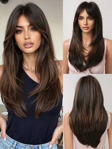 Perruque brune de 24 pouces avec mèches, convenant à la coupe de cheveux papillon. Perruque synthétique à la mode avec frange sur le côté pour femmes. Cheveux longs et lisses, perruque synthétique sans couture pour un port quotidien, festivals de musique, Halloween, Noël, cosplay et fêtes. Apparence naturelle et réaliste. - Mettre en surbrillance le marron - Voir 2