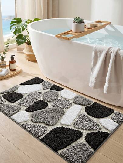 DAJIANG 1pc Gray Pebble Stone Embossed Bath Mat, Soft & Comfortable, Super Absorbent, Machine Washable, Suitable For Bathroom, Shower Room, Classroom, Spring Decor, Thick Plush Material, Suitable For Entryway, Bathroom, Kitchen And Other Spaces