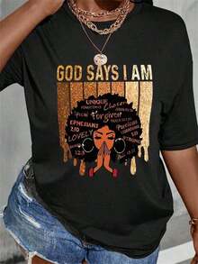 Camisetas de manga corta para mujer, 100% algodón, camiseta casual de manga corta con cuello redondo, estampado "God Says I Am" y gráfico de fe, suave, transpirable, corte holgado, top negro, temática religiosa para uso diario de damas. - Negro - Ver 1