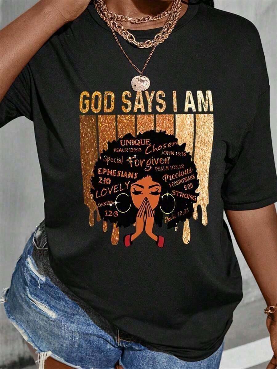 Camisetas de manga corta para mujer, 100% algodón, camiseta casual de manga corta con cuello redondo, estampado "God Says I Am" y gráfico de fe, suave, transpirable, corte holgado, top negro, temática religiosa para uso diario de damas. - Negro - Ver 1