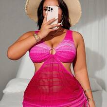 Swim  Plus Size Women's 2pcs Ombre Halter Waist Hollow Out Drawstring Split Swimsuit Set - Azul - Ver 2