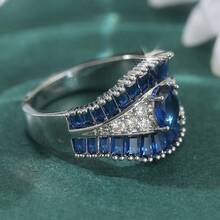 Luxury Retro Wide Band Ring, Blue & White Synthetic Cubic Zirconia Inlaid, Unisex Elegant Accessory, Versatile For Daily Wear And Festivals - Silver - View 5