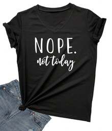 DANVOUY Camisetas Bonitas con Cuello en V para Mujer, Camisetas con Estampado de Letras Divertidas, Tops Gráficos - Negro - Ver 1