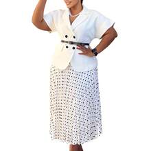 Nuevo Conjunto Estilo Europeo Americano Cuello de Traje Top Manga Corta con Falda Plisada Lunares - Blanco + cinturón - Ver 5