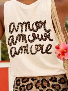 Áo tank top không tay cổ tròn in chữ và họa tiết da báo hiệu Amour, trang phục thường ngày cho kỳ nghỉ hè và đi biển. - Màu xám đen - Xem 3