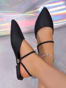 Women's Pointed Toe Flat Sandals, Casual Fashion Versatile Thin Strap Metal Buckle Pointed Toe Ballet Flats, Elegant Daily Office Wear Women's Shoes - Black - View 8