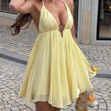 Women's Summer Black Spaghetti Strap Mini Dress, Deep V-Neck Camisole Style Tie-Up Chiffon Flowy Beach Holiday Party Dress Elegant - Amarillo - Ver 7
