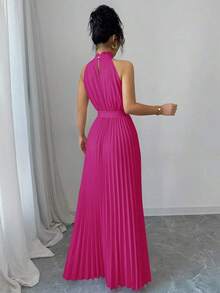 Vestido de línea A con cuello con volantes y cintura plisada, elegante y romántico para el Día de San Valentín - Rosa Fucsia - Ver 2