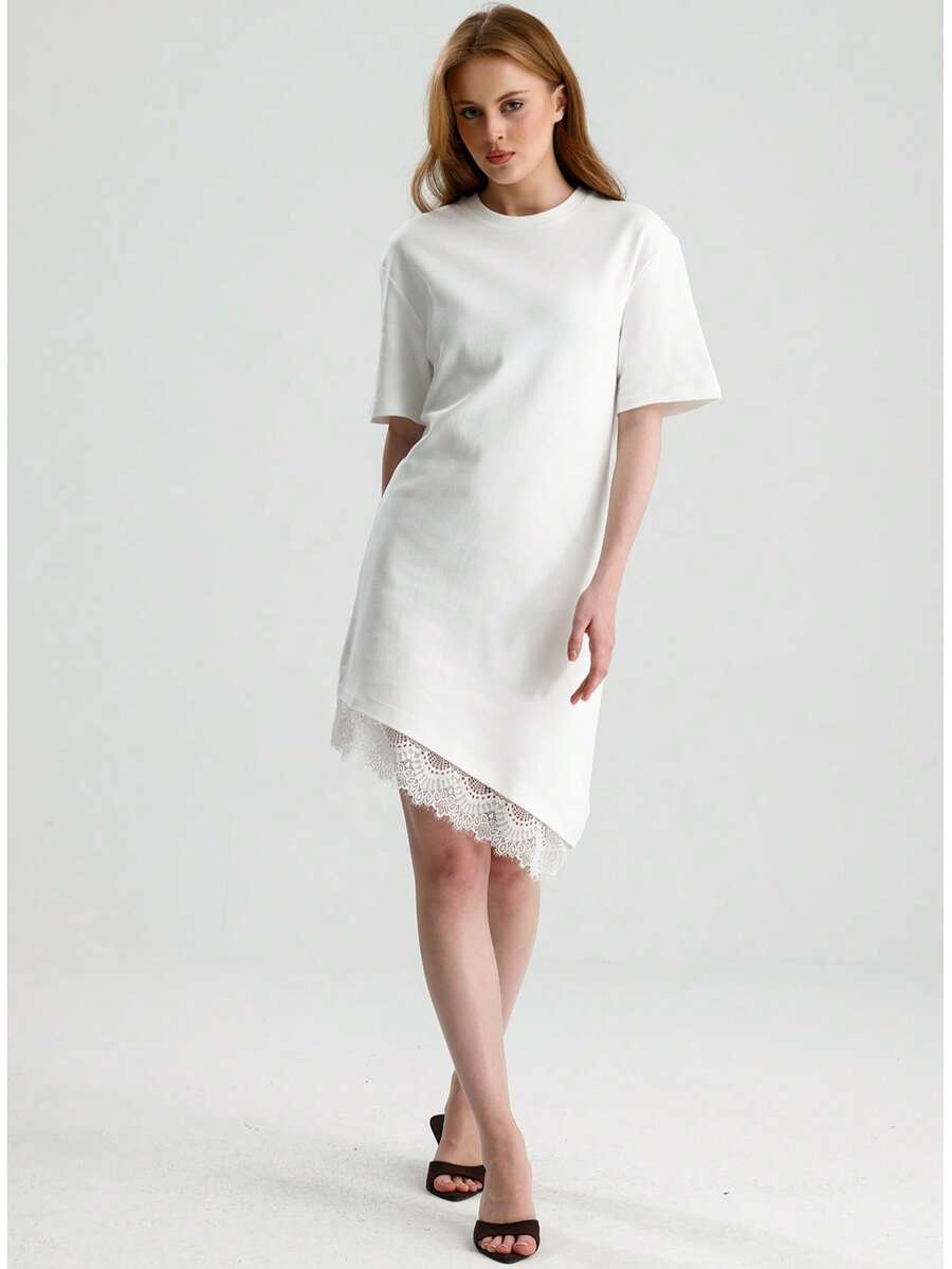 RoseArya Cotton Asymmetric Hem Lace Detail Short Sleeve Dress - White - View 1