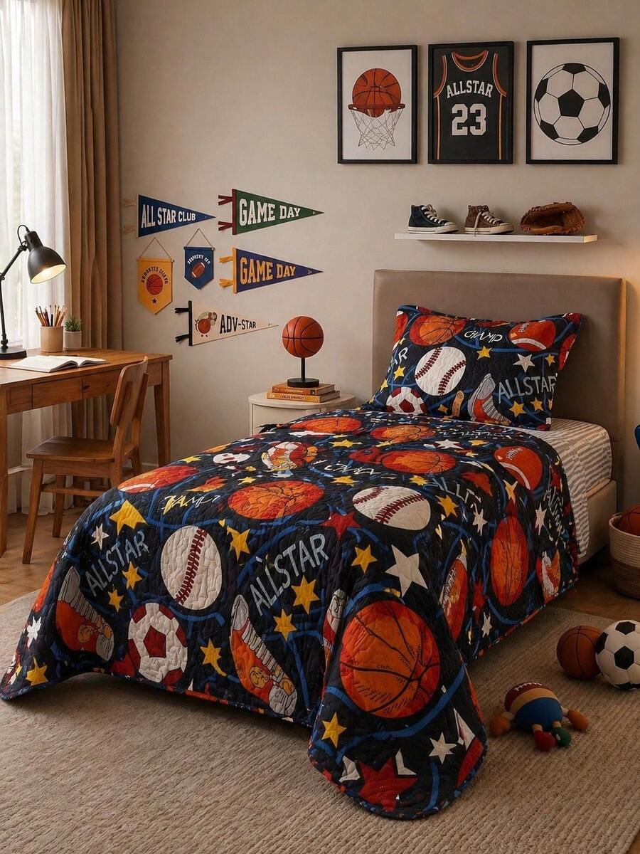 Double Print Children's Single Bedspread Set (2 Pieces) - Soccer - View 1